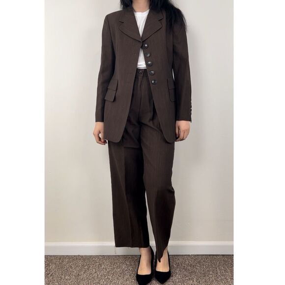 Vintage Escada Wool Linen Blend Lightweight Brown Pantsuit - Picture 1 of 8